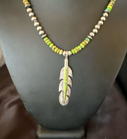 WoMens Green Gaspeite Turquoise Opal Leaf Pendant Sterling Silver Necklace 18665