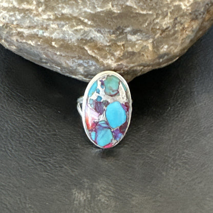 Blue Turquoise Spiny Oyster Navajo Sterling Silver Ring Size 7 18253