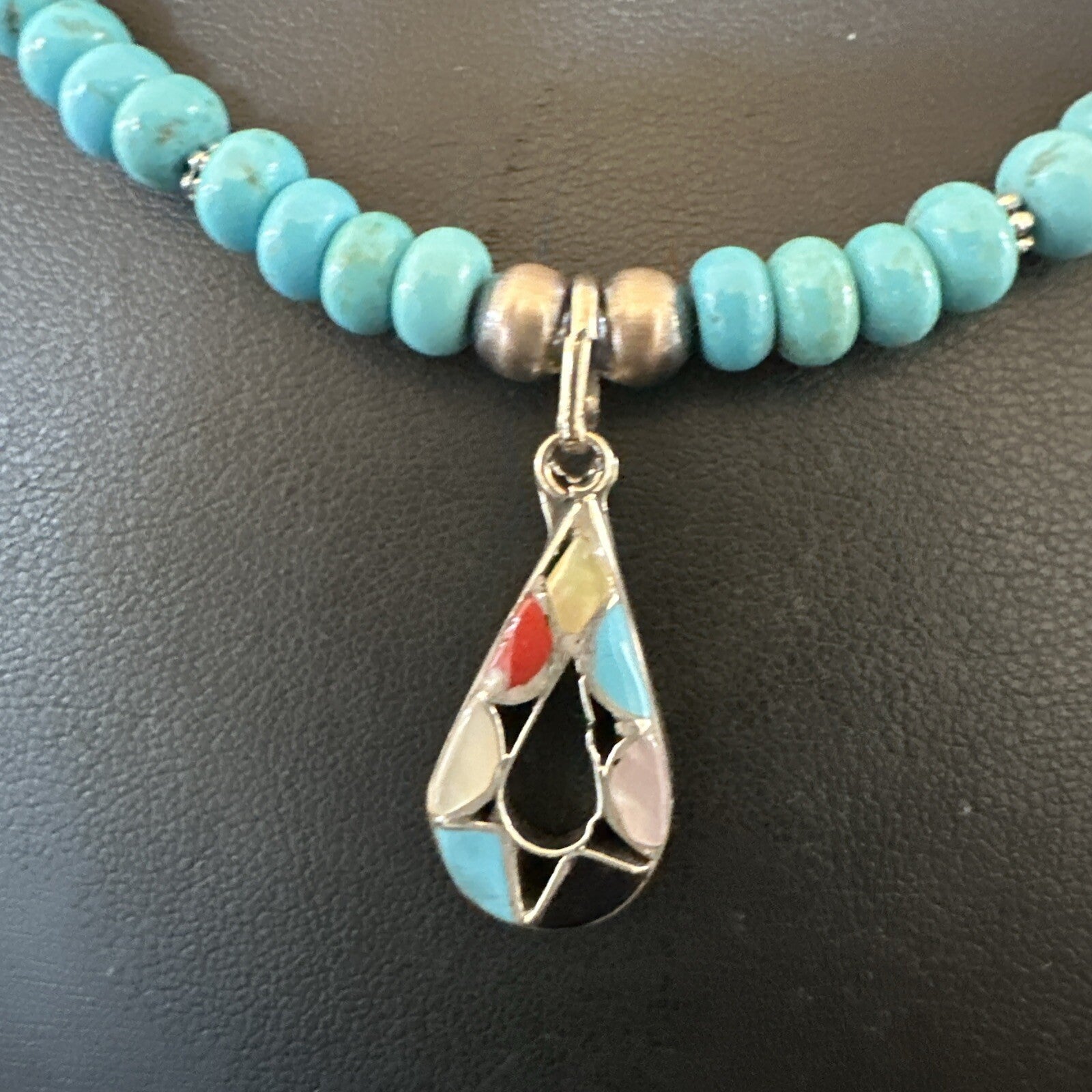 Zuni Turquoise Pink MOP Inlay Pendant 2Sided Necklace Sterling Silver 18064
