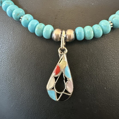 Zuni Turquoise Pink MOP Inlay Pendant 2Sided Necklace Sterling Silver 18064