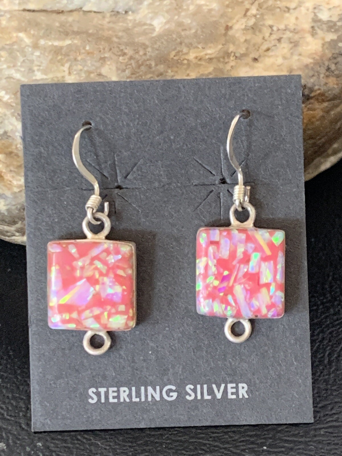 Womens Pink Opal Navajo Sterling Silver Dangle Drop Earrings 0.5" 12752