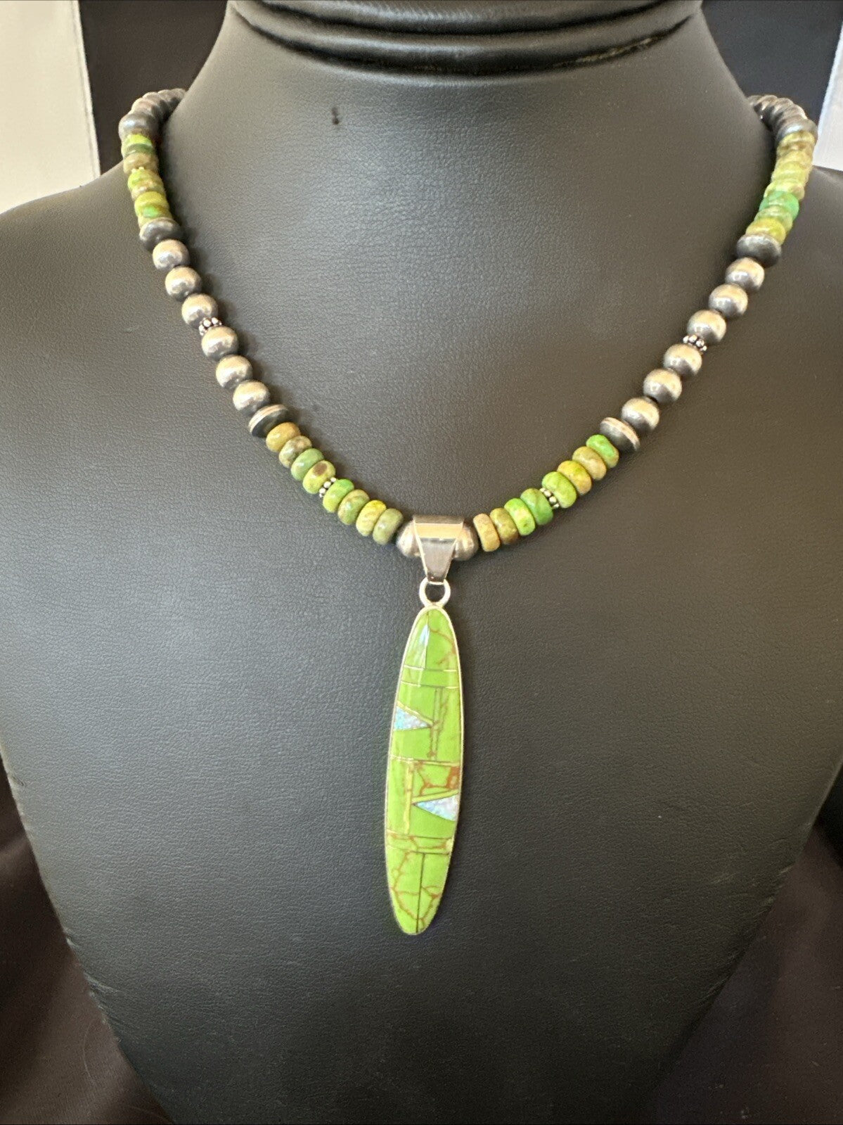 WoMens Green Gaspeite Turquoise Opal Pendant Sterling Silver Necklace 18666