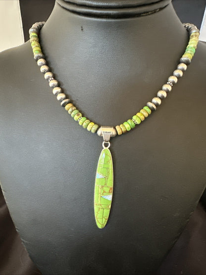 WoMens Green Gaspeite Turquoise Opal Pendant Sterling Silver Necklace 18666