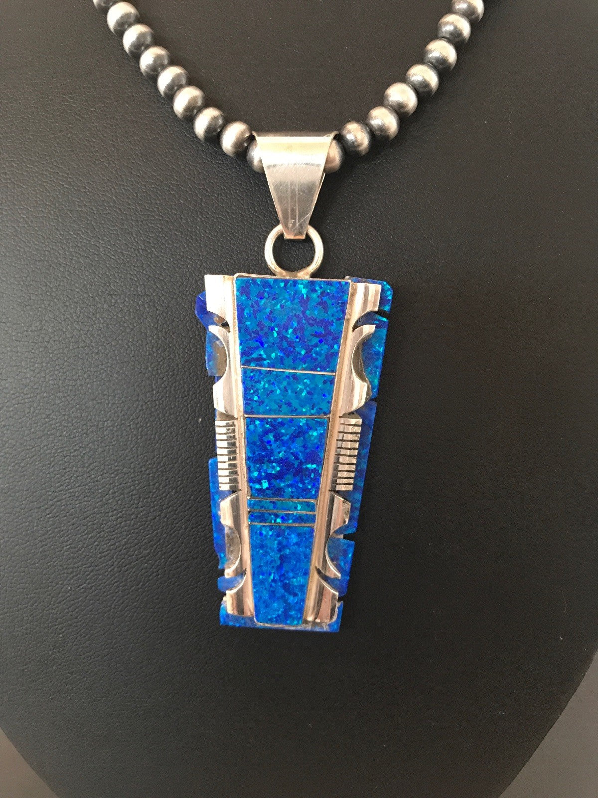 Blue Opal Pendant Navajo Pearls Beads Sterling Silver Necklace 08281