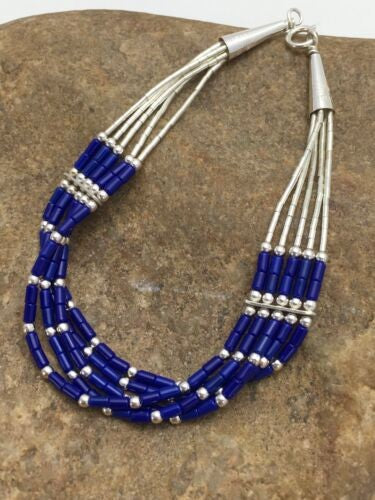 Navajo Lapis Heishi Bracelet Liquid Silver 5-Strand 7" | Sterling Silver | Authentic Native American Handmade | 2934