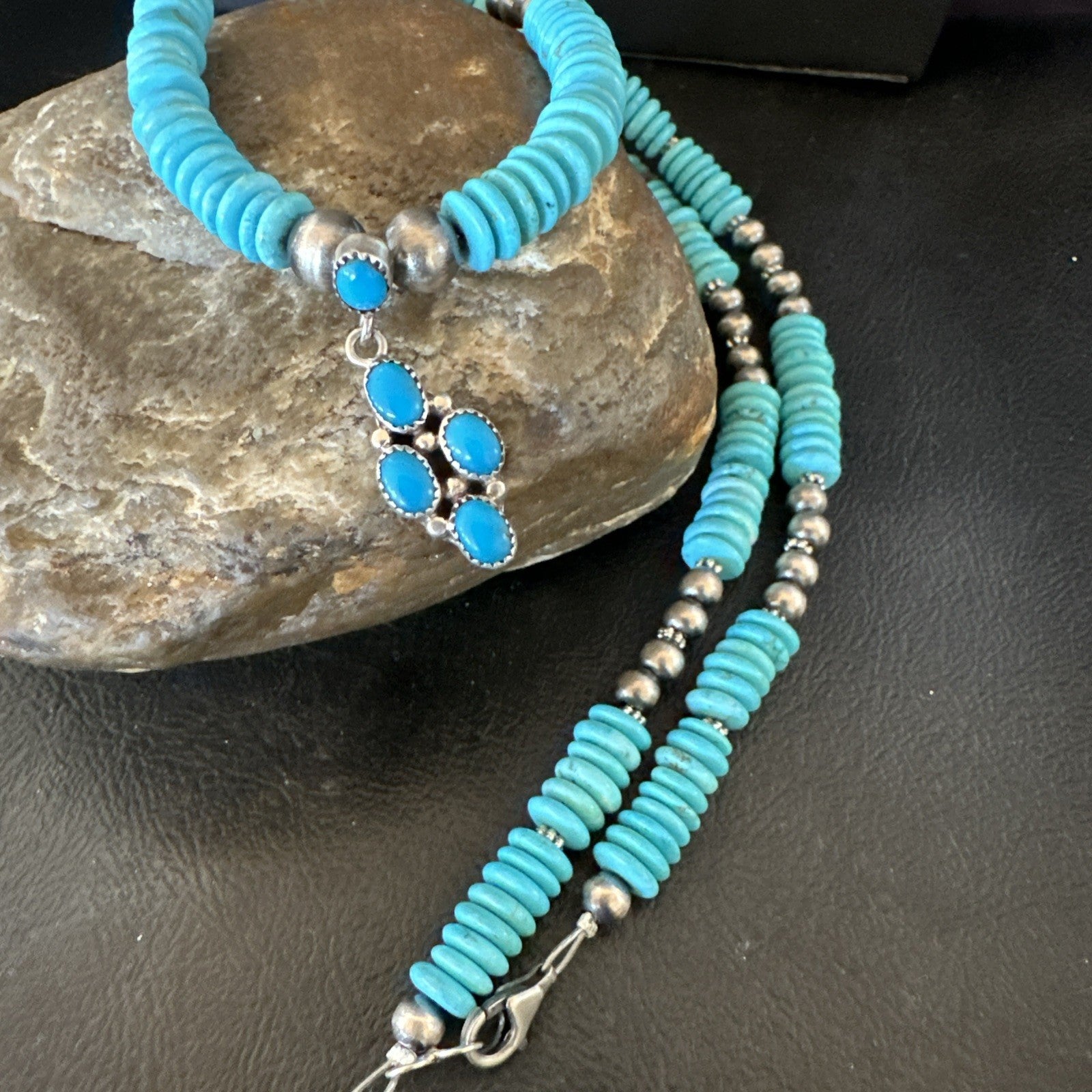 Blue Turquoise Cluster Pendant Navajo Sterling Silver Necklace 20" 19713
