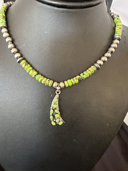 Womens Green Gaspeite Turquoise Pendant Navajo Sterling Silver Necklace 18369