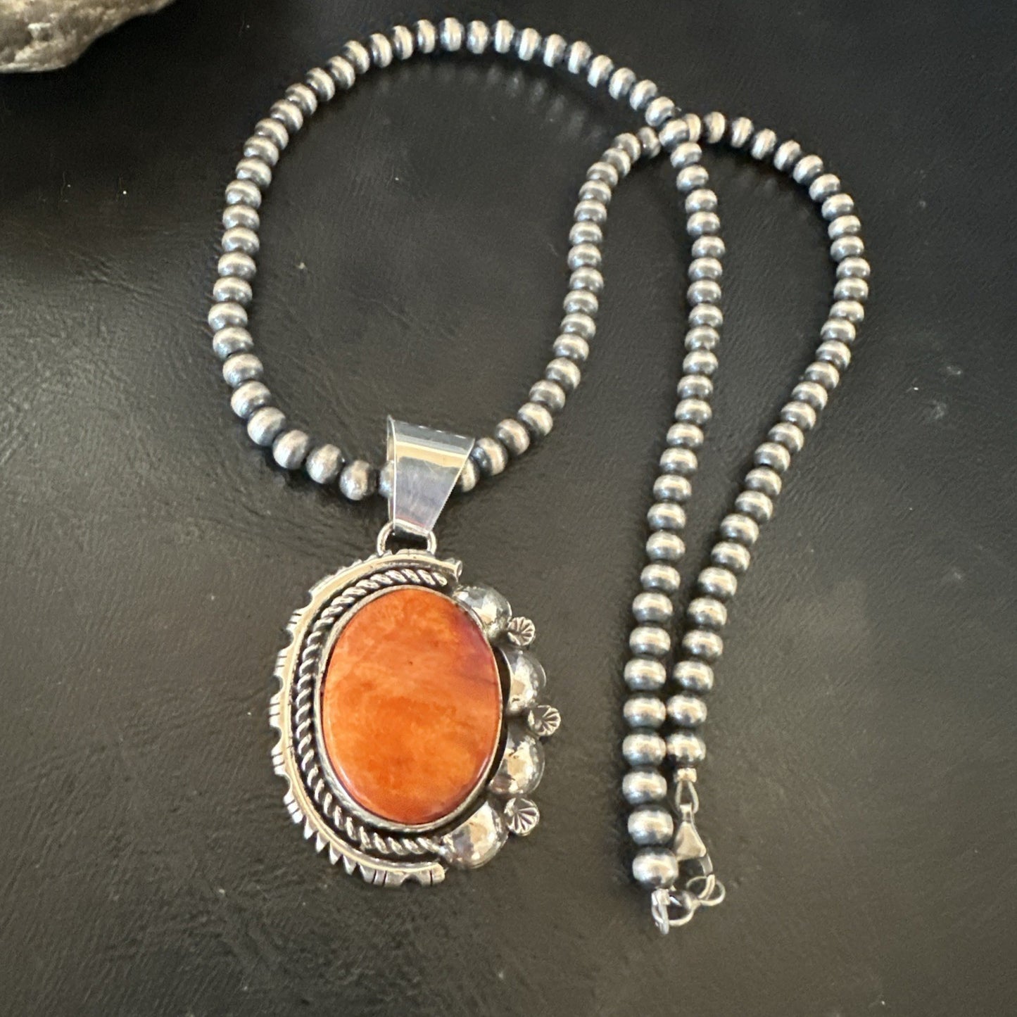 Yazzie Orange Spiny Oyster Pendant Navajo Sterling Silver Necklace 19490