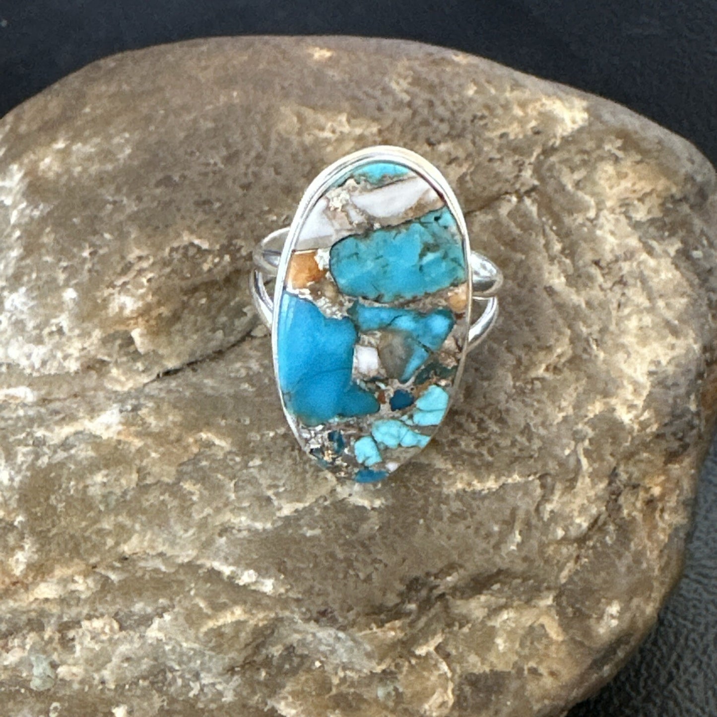 Blue Turquoise Spiny Oyster Southwestern Sterling Silver Ring Size 9 18538