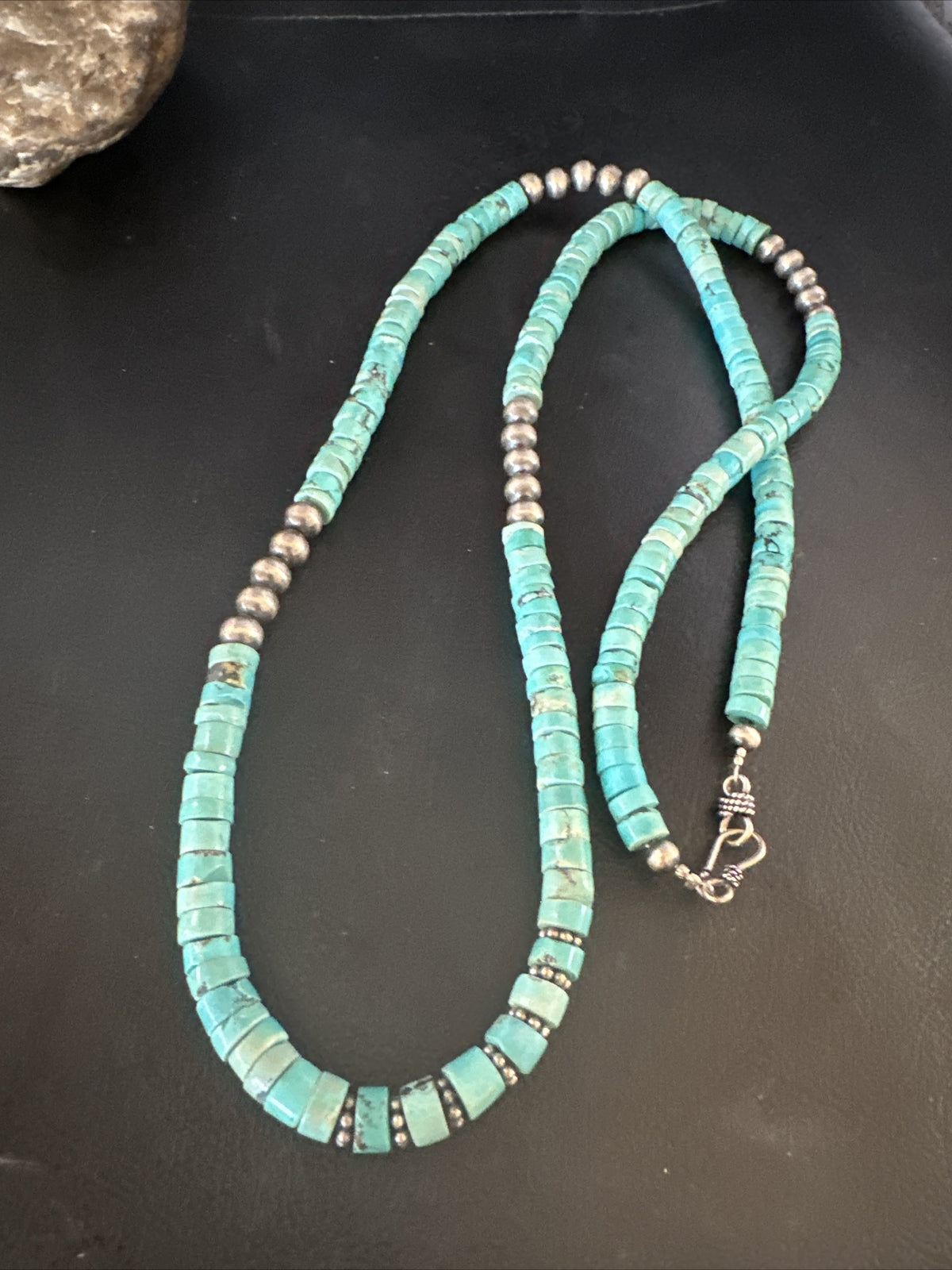 USA Blue Turquoise 21” Heishi Sterling Silver Bead Necklace 15164