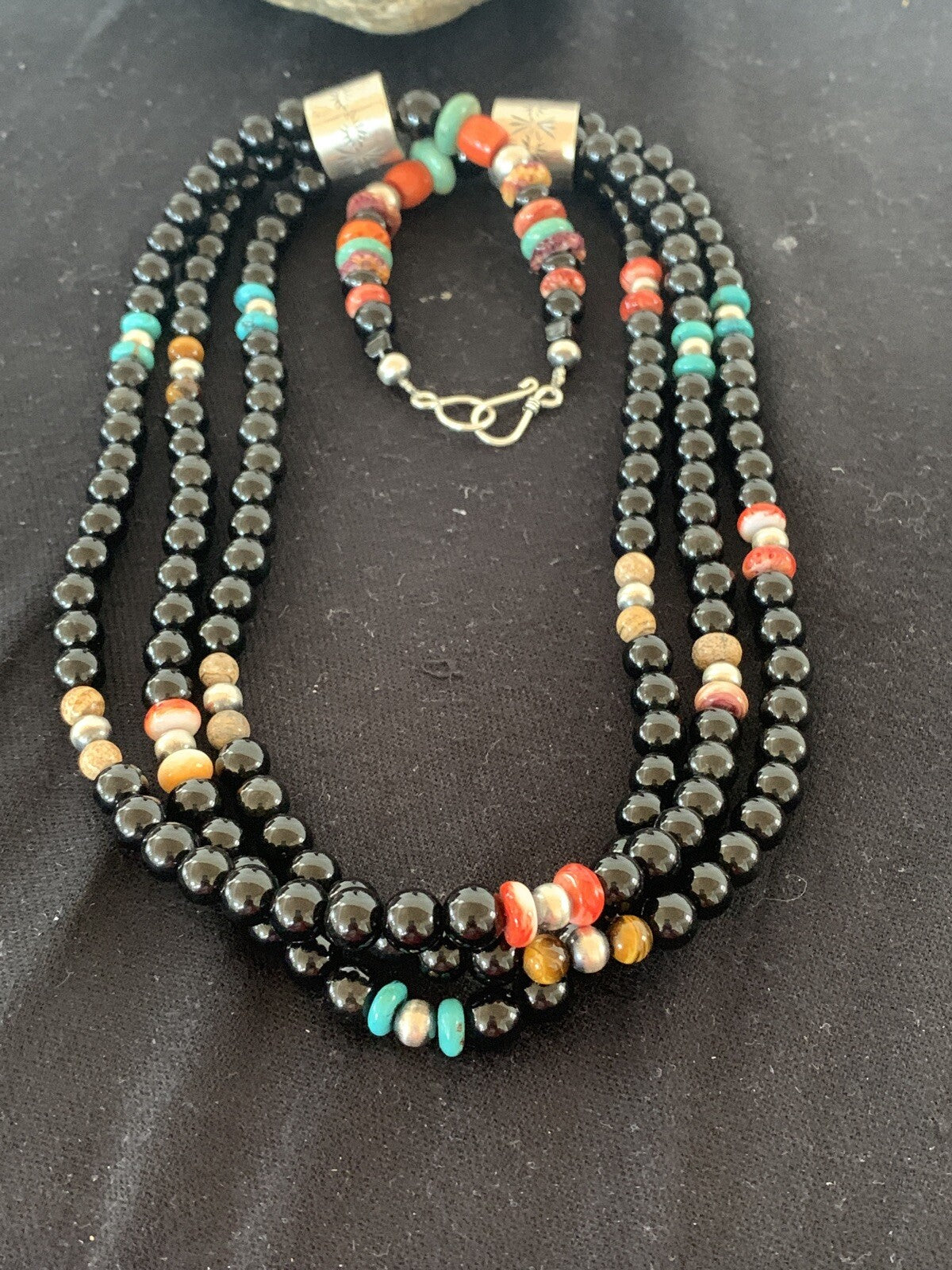 Turquoise Onyx Spiny Picture Jasper Navajo Sterling Silver Necklace 00380