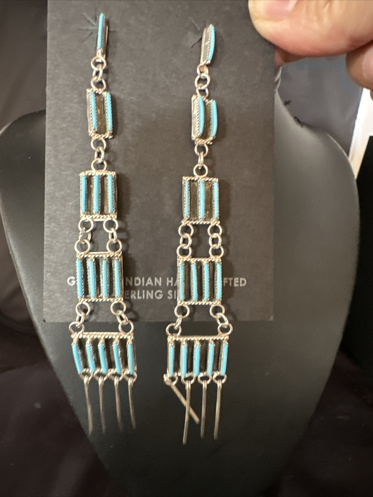 Kingman Turquoise Needle Point Zuni Sterling Silver 5 Tier Dangle Earrings 18636