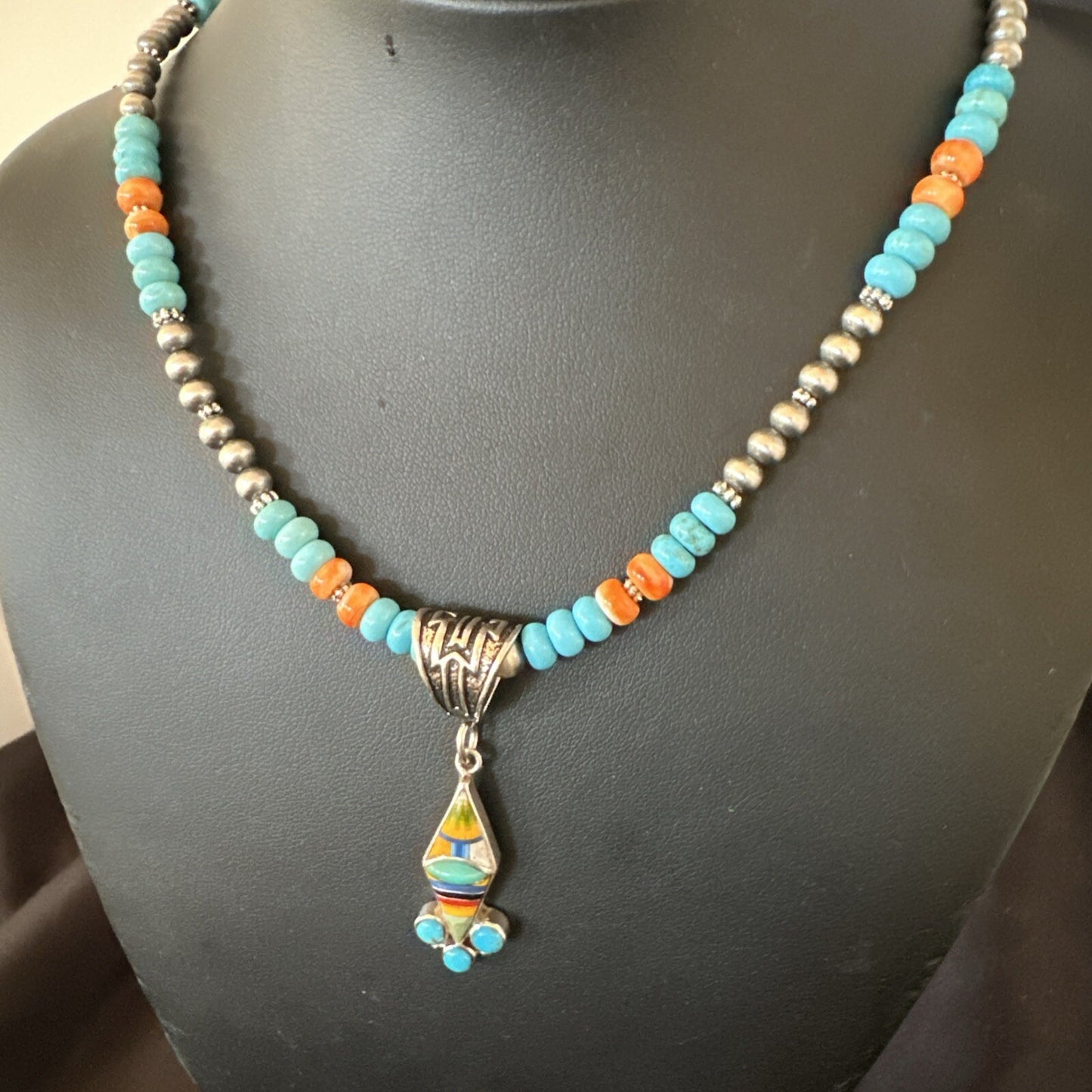 Multicolor Turquoise Pendant Navajo Sterling Silver Beads Necklace 18730