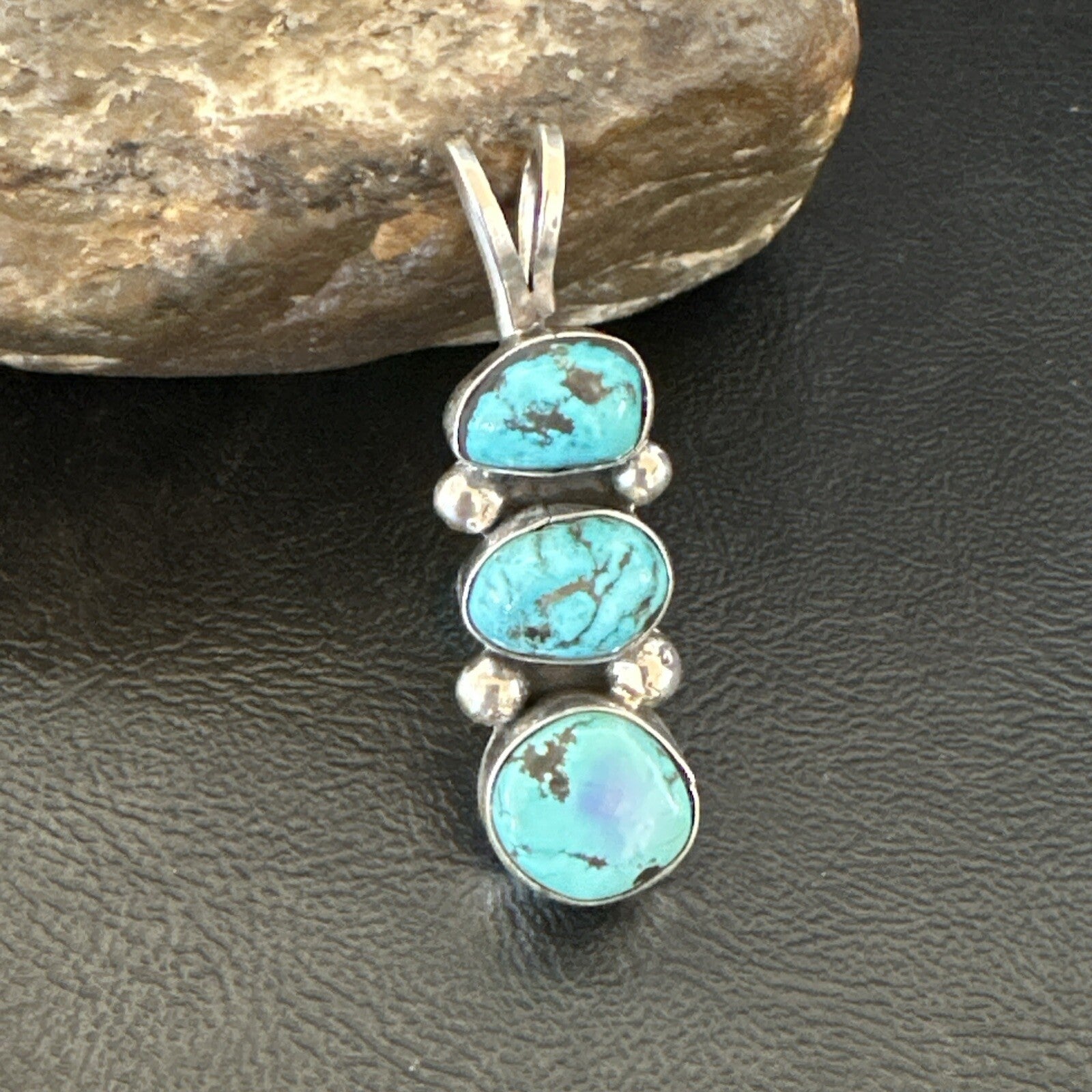 Blue Turquoise 3 Stone Navajo Sterling Silver Cluster Pendant Only 18348