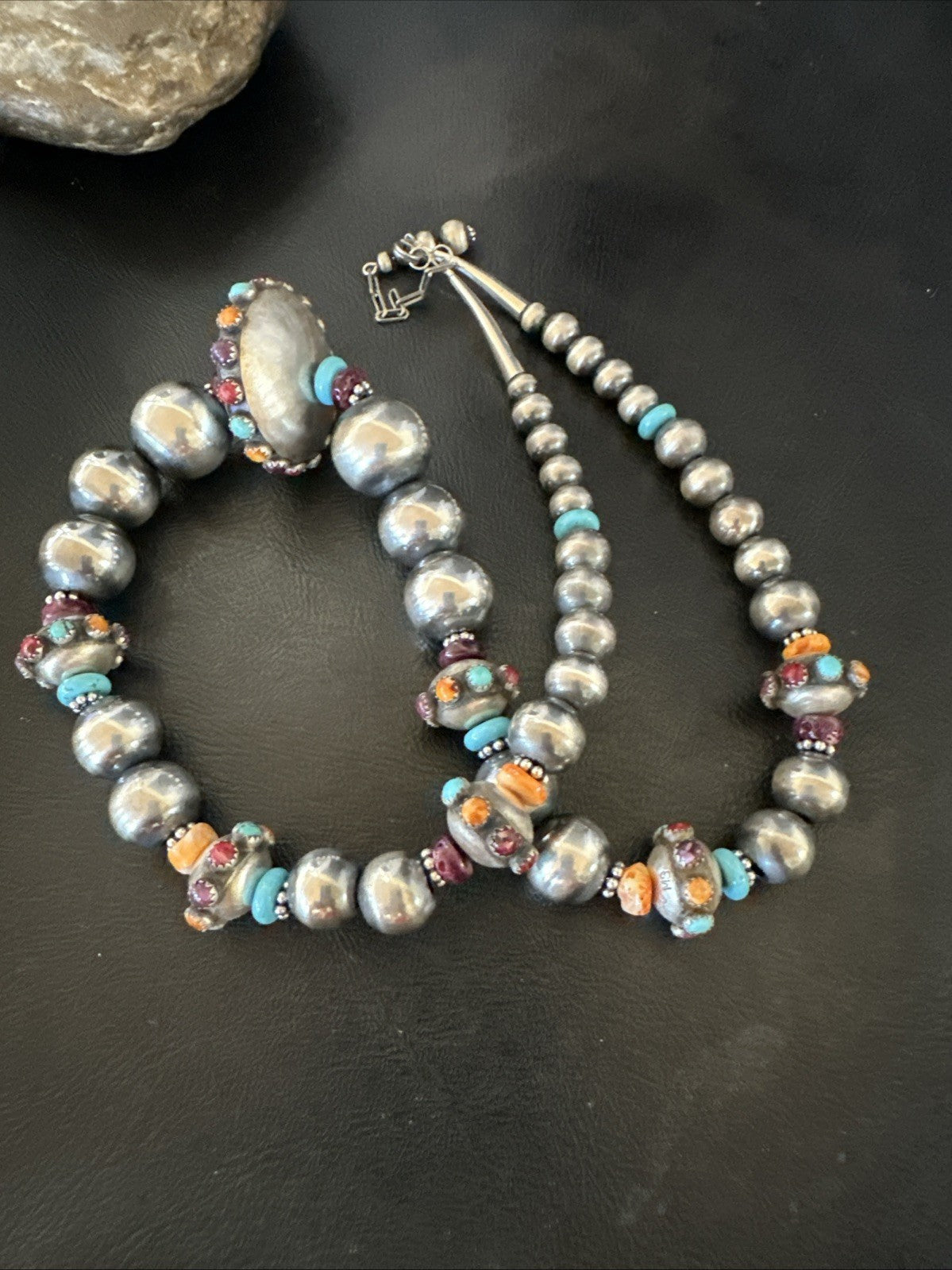 Multicolor Spiny Navajo Pearls Turquoise Sterling Silver Necklace 23” 19447