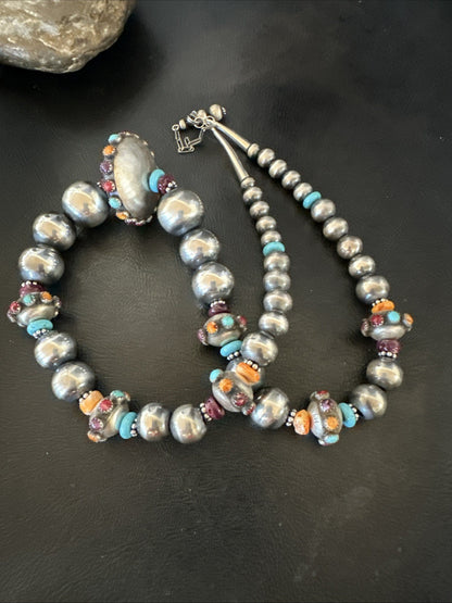 Multicolor Spiny Navajo Pearls Turquoise Sterling Silver Necklace 23” 19447