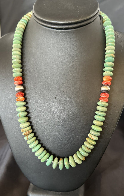 Green Turquoise Spiny Oyster Sterling Silver Beads Necklace 18302