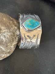 H Joe Blue Kingman Turquoise Navajo Cuff Bracelet 8.2" | Sterling Silver | Authentic Native American Handmade | 19423