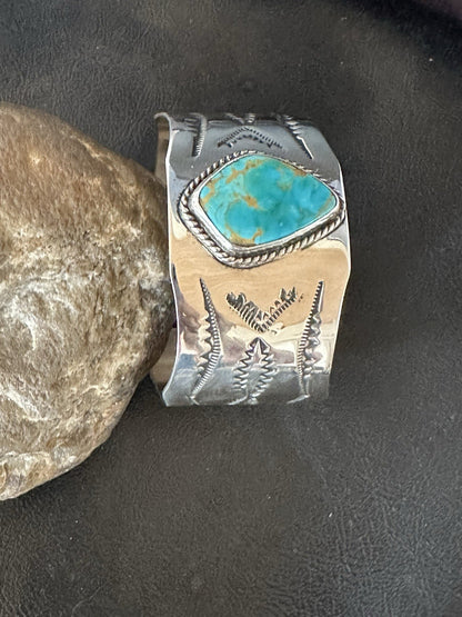H Joe Blue Kingman Turquoise Navajo Sterling Silver Cuff Bracelet 8.2" 19423