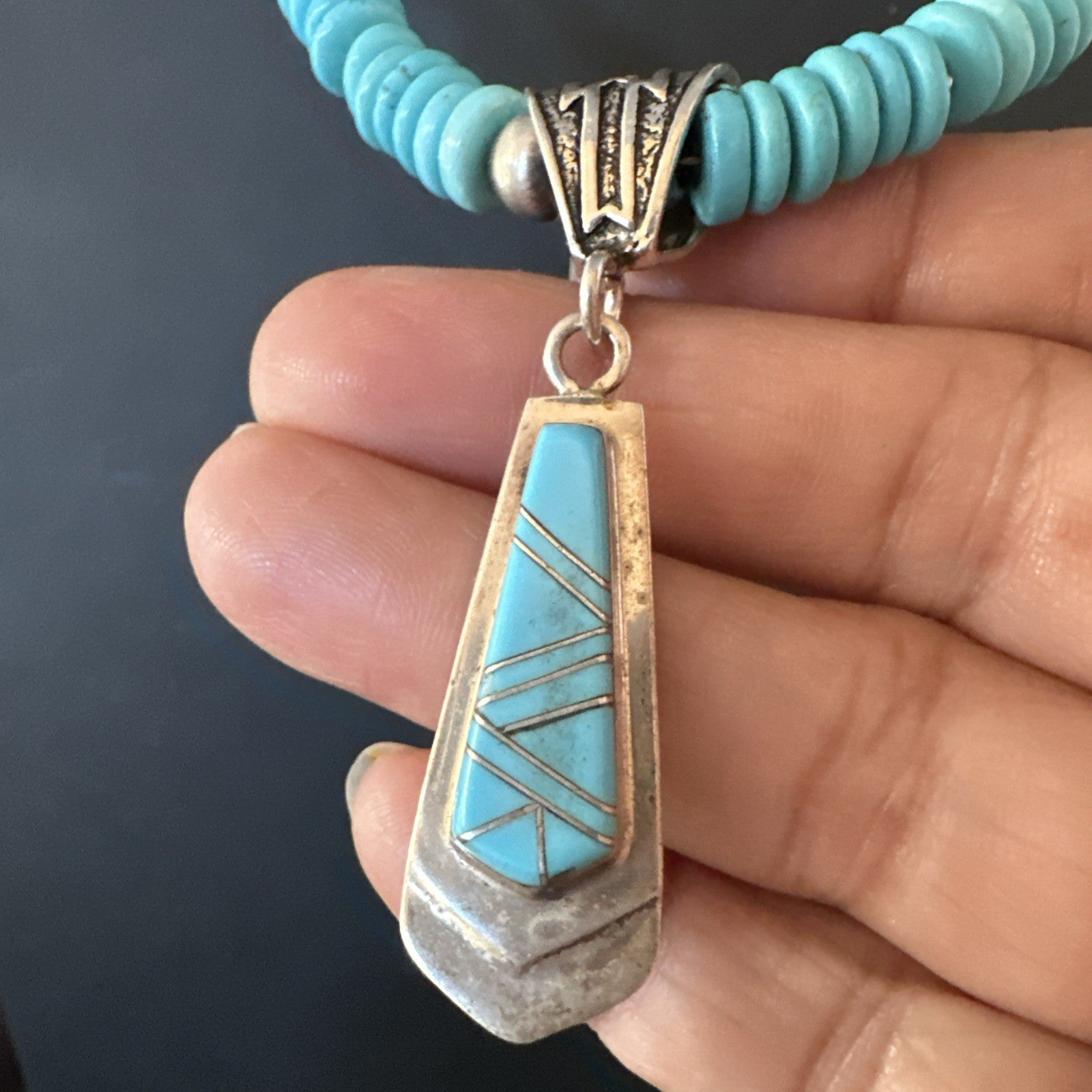 Blue Turquoise Inlay Pendant Navajo Sterling Silver Necklace 20" 19677