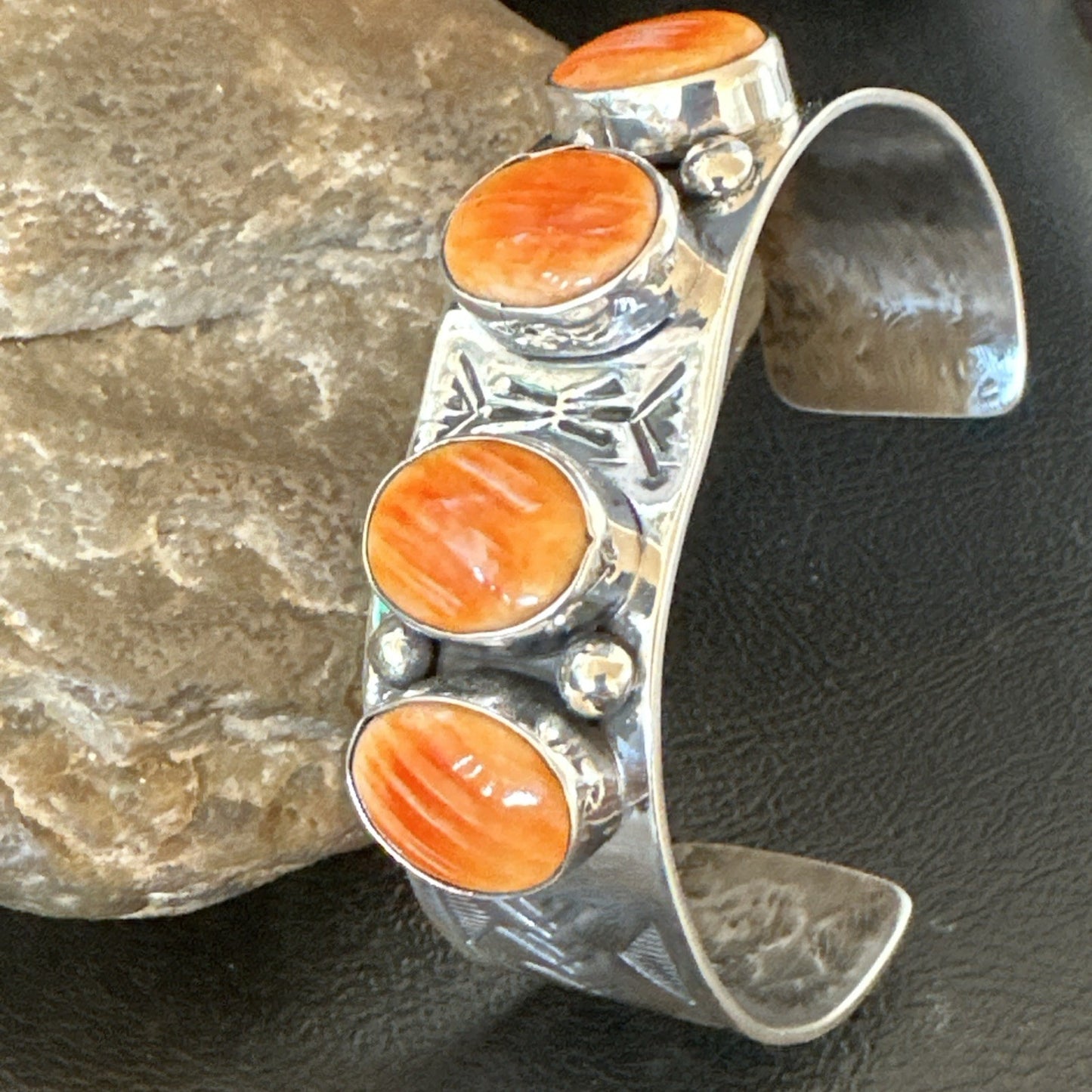 Orange Spiny Oyster 4 Stone Row Sterling Silver Navajo Cuff Bracelet 7.7" 19476