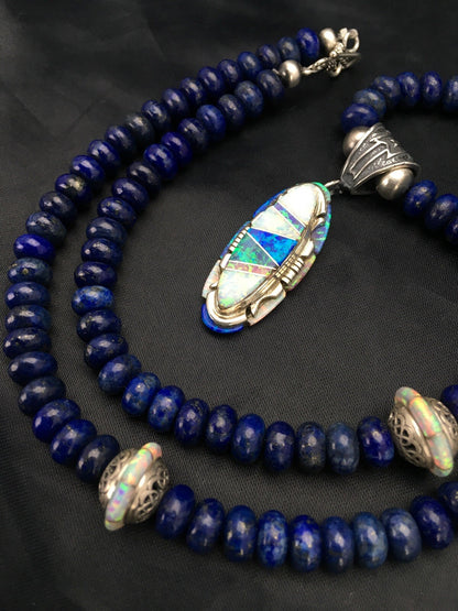 Opal Pendant Lapis Navajo Sterling Silver Necklace 02606