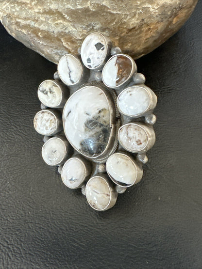 XXL White Buffalo Turquoise Navajo Sterling Silver Cluster Ring Size 8 19275
