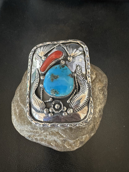 Mens Buckle Blue Turquoise Coral Navajo Sterling Silver Concho Belt 19489