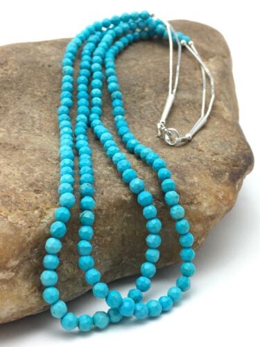 Blue Turquoise Faceted Bead 2 Strand Navajo Liquid Sterling Necklace 04368