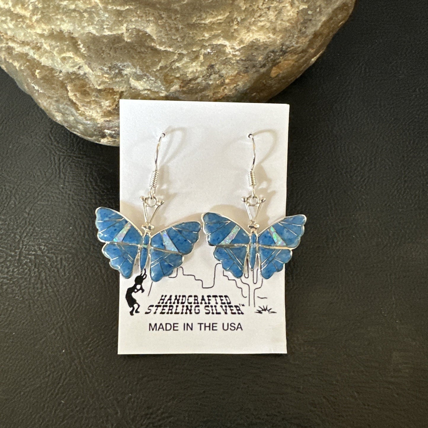 Butterfly Blue Denim Lapis Opal Inlay Sterling Silver Dangle Earrings 19138