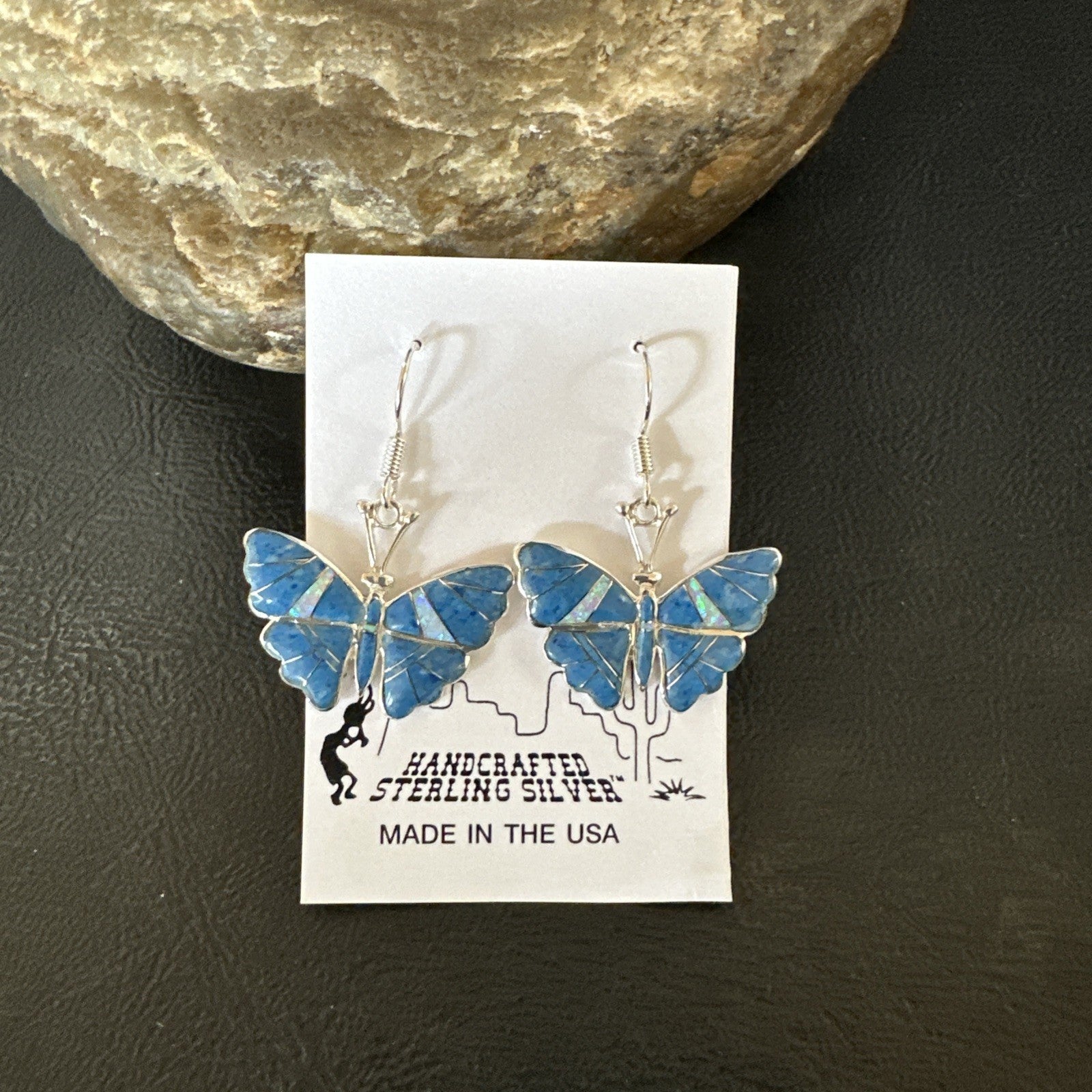 Butterfly Blue Denim Lapis Opal Inlay Sterling Silver Dangle Earrings 19138