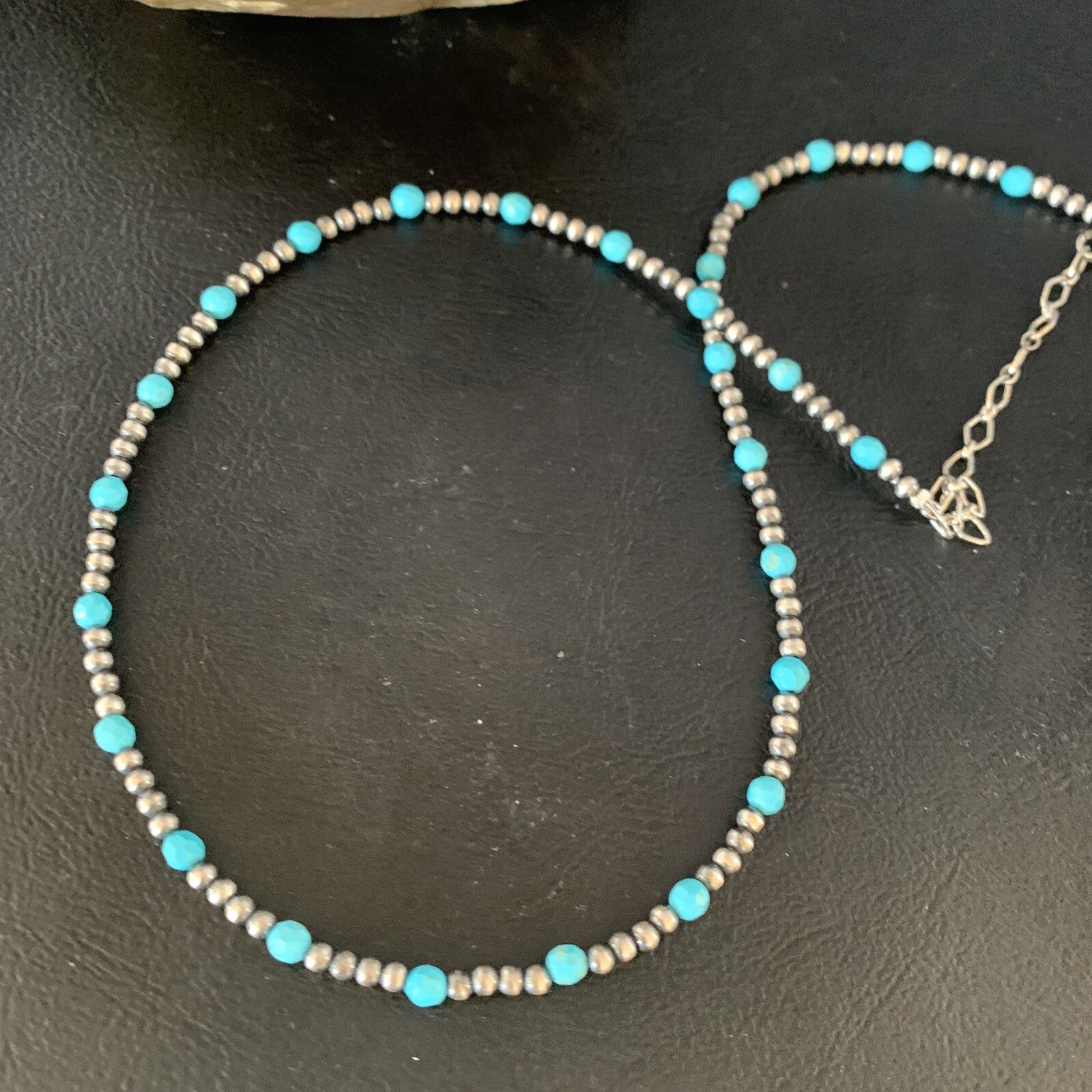 Minimalist Navajo Pearls 3mm Sterling Blue Turquoise Necklace 16" 13591