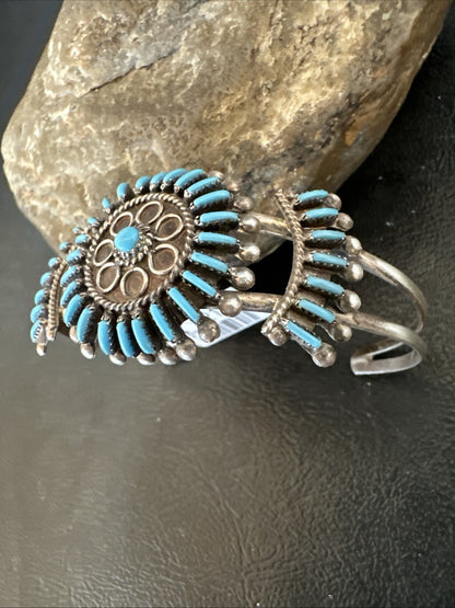 Blue Turquoise Native American Zuni Sterling Silver Cluster Cuff Bracelet 12151