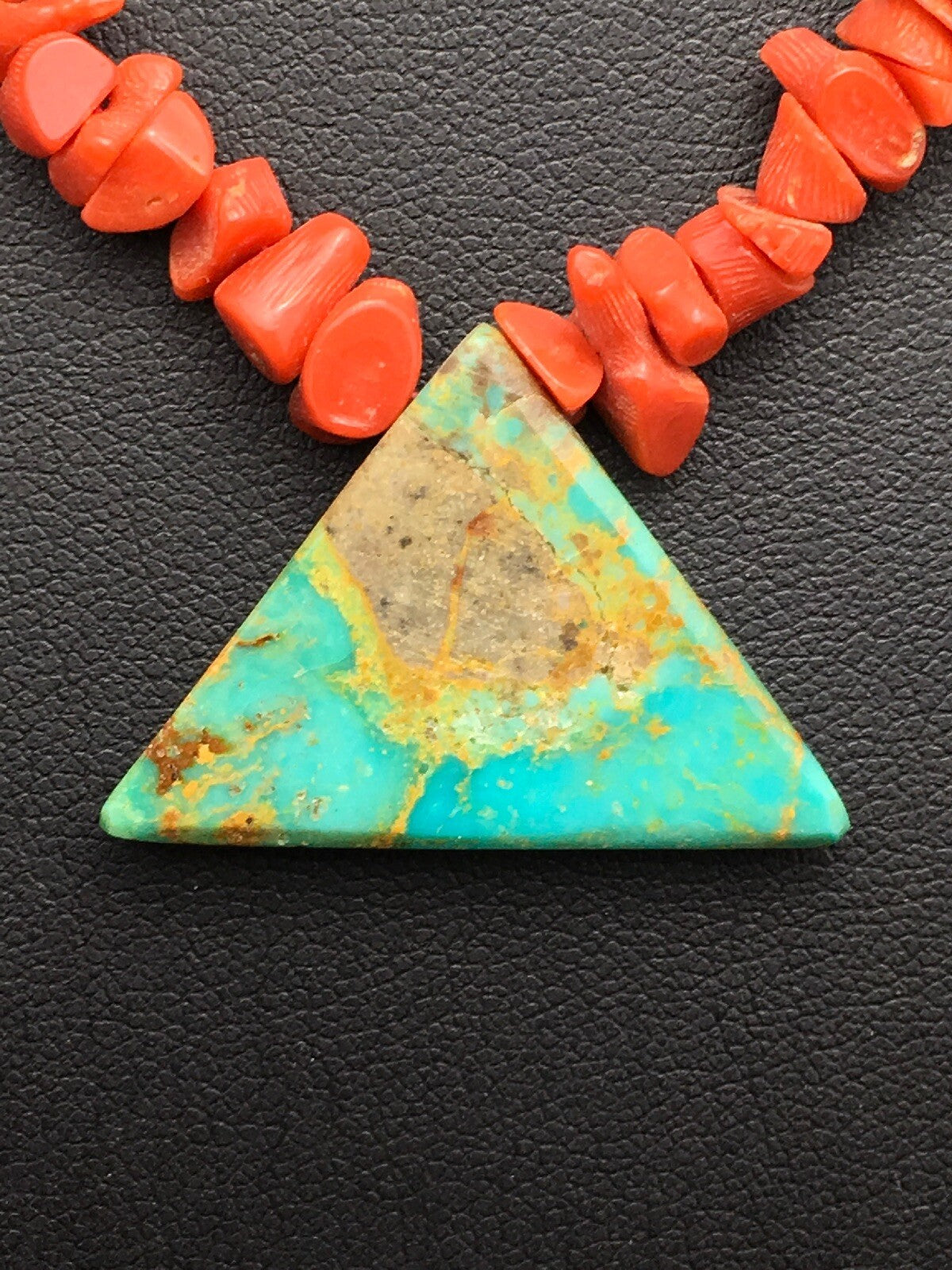 Native Kingman Turquoise Pendant Coral Brass Old Pawn Necklace 19" 04030