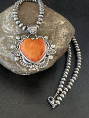 H Joe Orange Spiny Oyster Heart Pendant Navajo Necklace | Sterling Silver | Authentic Native American Handmade | 19485
