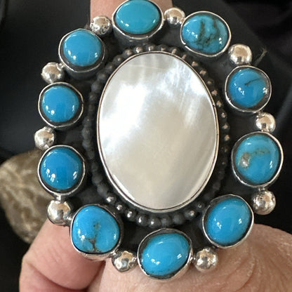 Blue Kingman Turquoise MOP Navajo Sterling Silver Cluster Ring Size 10 18395