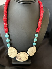 Men's Wild Horse Blue Turquoise Red Coral Navajo Necklace | Sterling Silver | Authentic Native American Handmade | 17980