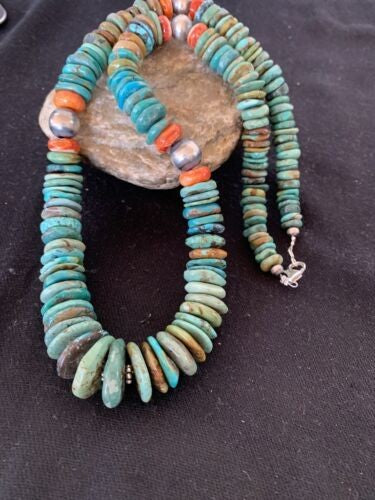 Navajo Pearls Graduated Turquoise Necklace Sterling Silver 23" 480