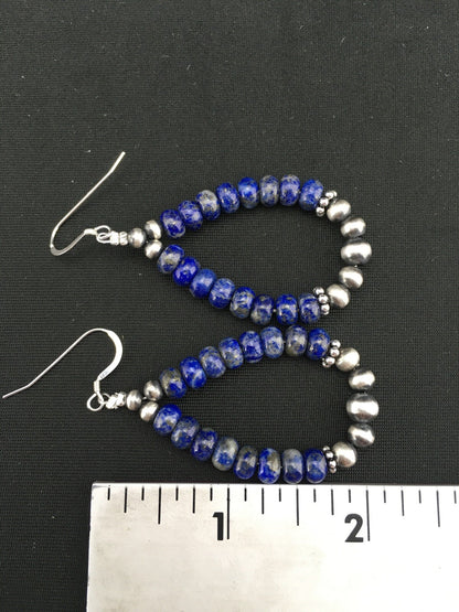 Blue Lapis Lazuli Bead Navajo Sterling Silver Dangle Earrings 2" 1250
