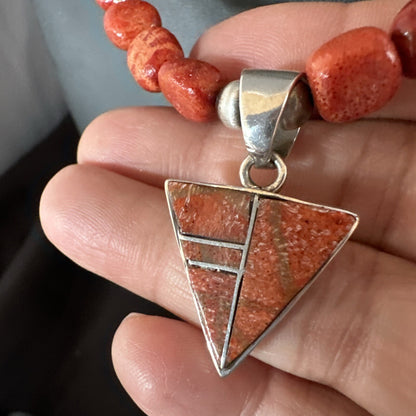 Navajo Apple Sponge Coral Sterling Silver Necklace Inlay Pendant 21” 18755