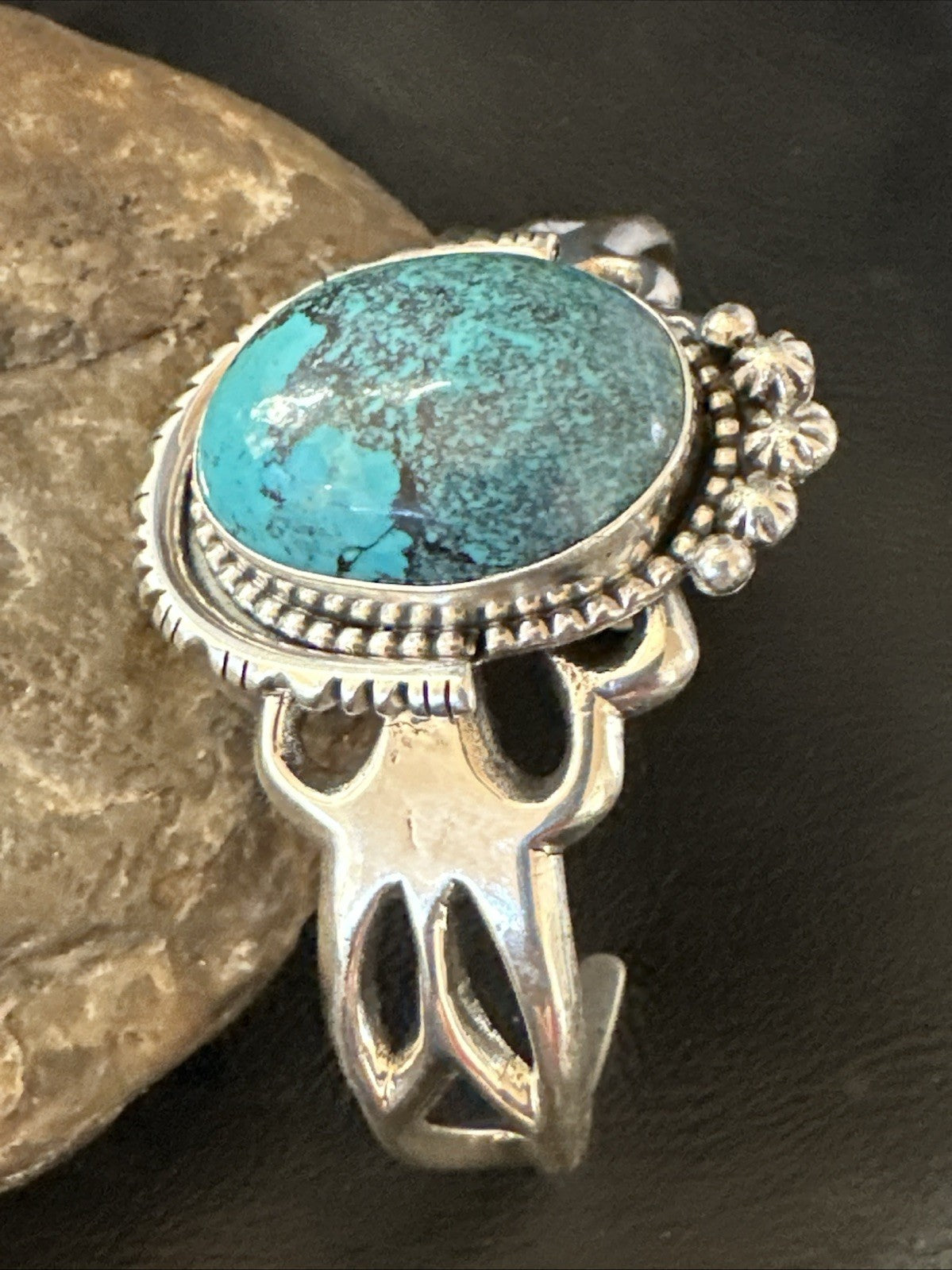 Yazzie Mens Blue Turquoise Navajo Sterling Silver Tufa Cast Cuff Bracelet 19693