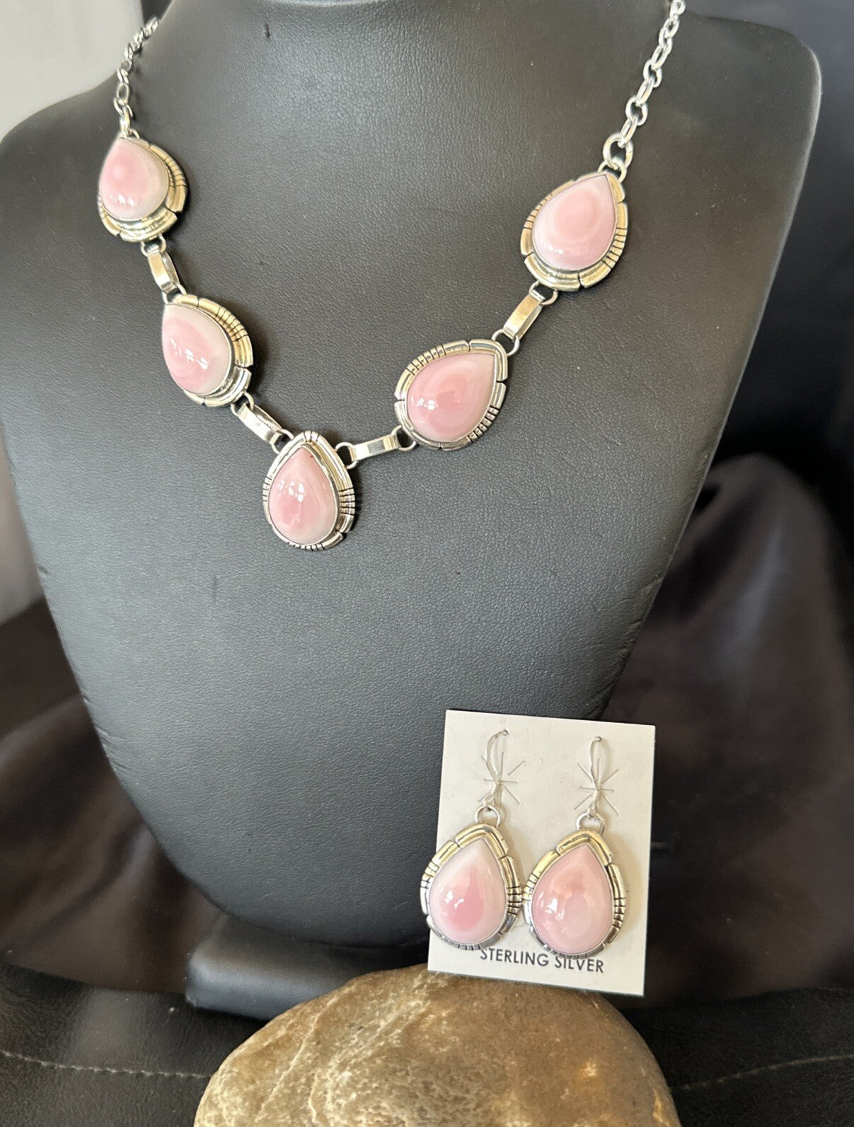 Navajo Pink Conch Choker Lariat Necklace Pendant Earrings 19” 18637