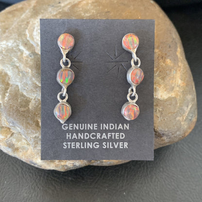 Womens Pink Opal Inlay Navajo Sterling Silver Dangle Post Earrings 1" 12760