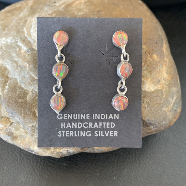 Women's Pink Opal Inlay Navajo Dangle Post Earrings 1" | Sterling Silver | Authentic Native American Handmade | 12760