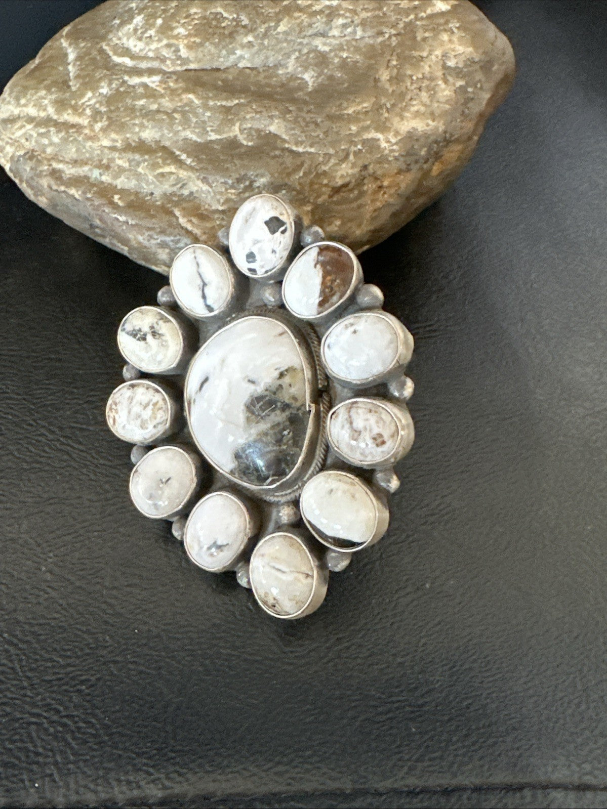 XXL White Buffalo Turquoise Navajo Sterling Silver Cluster Ring Size 8 19275