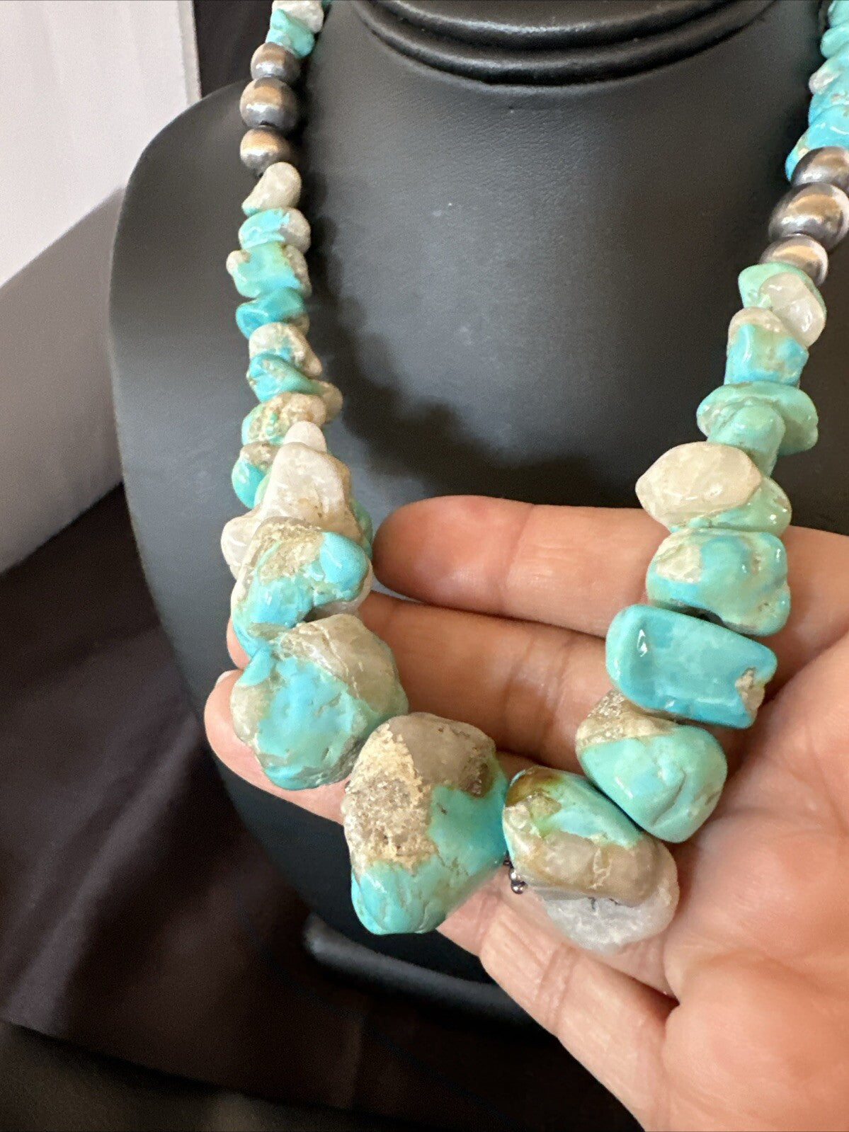 Blue Armenian Turquoise Chunky Nugget Navajo Sterling Silver Necklace 19” 18317