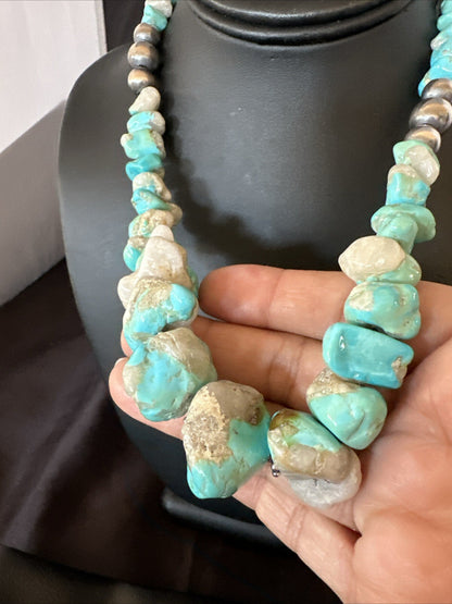 Blue Armenian Turquoise Chunky Nugget Navajo Sterling Silver Necklace 19” 18317