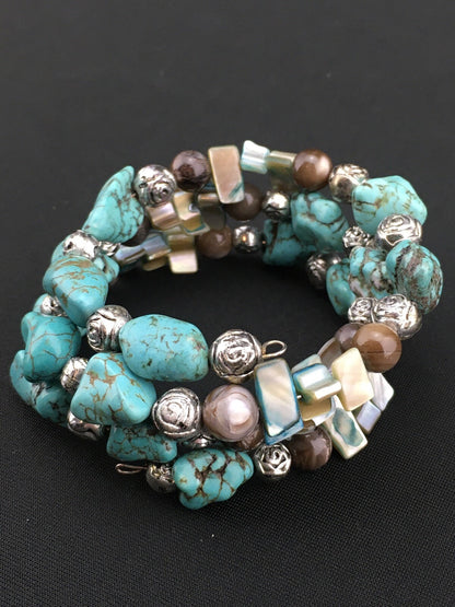Blue Turquoise Navajo Stainless Steel Wire Bracelet 01318