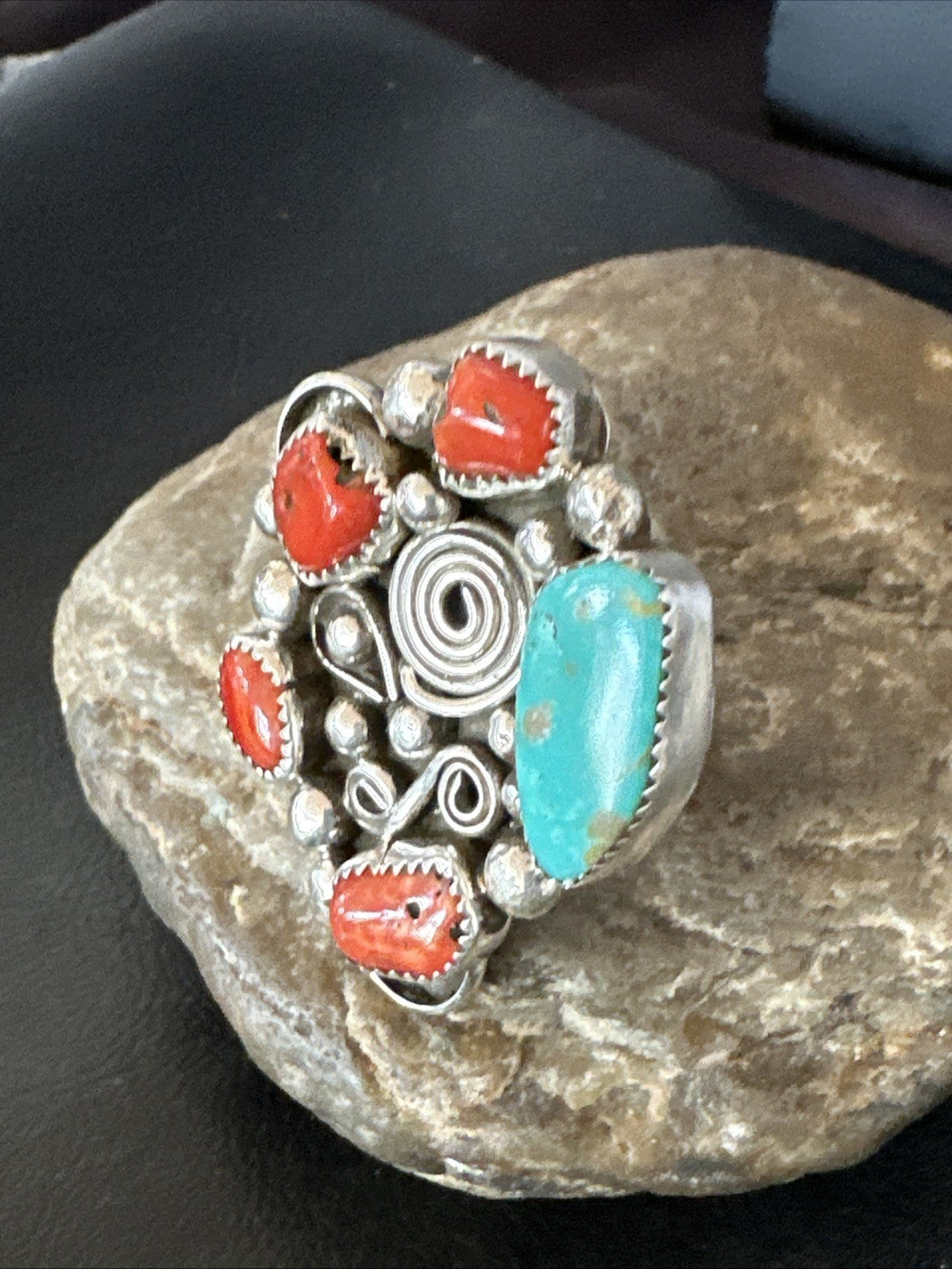 Navajo Blue Turquoise Coral Ring Multi-Stone Cluster Sz 9.5 19778