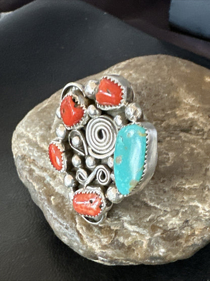 Navajo Blue Turquoise Coral Ring Multi-Stone Cluster Sz 9.5 19778